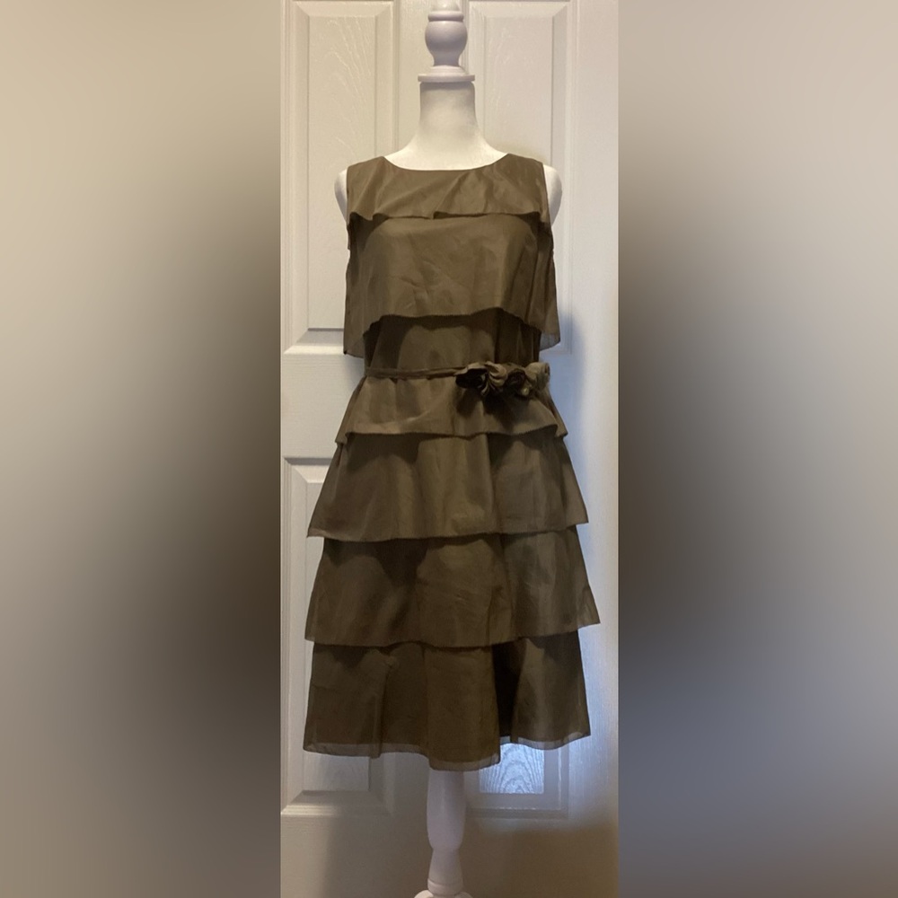 NWOT Talbots Olive Green Knee Length Tiered Dress Size 8P